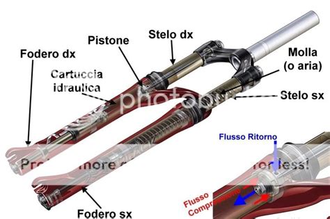 Schema di una forcella anteriore di moto con indicazione delle regolazioni