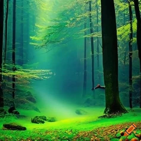 Foresta incantata con alberi luminosi e creature fantastiche