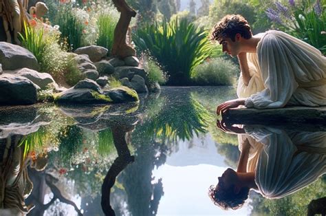 Illustrazione del mito di Narciso che si specchia nell'acqua