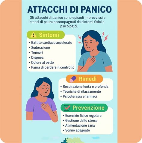 Infografica che riassume i sintomi, le cause e i rimedi per gli attacchi di panico.