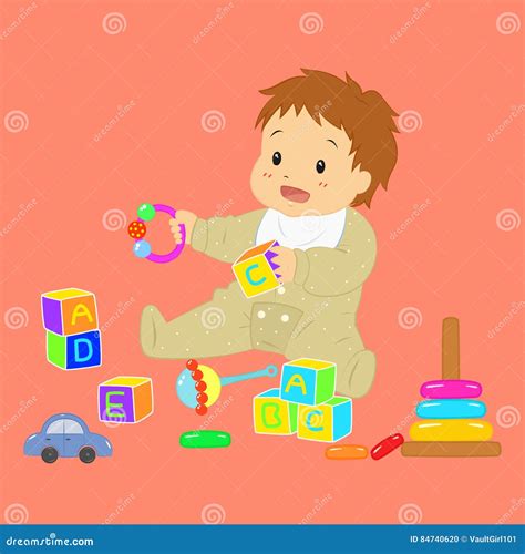 Illustrazione di un bambino che gioca con giocattoli