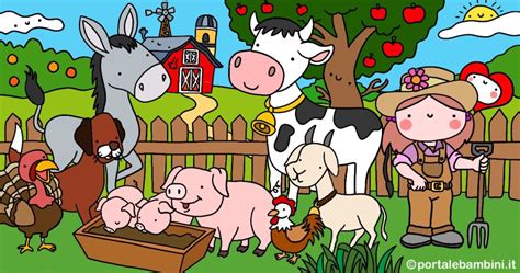 Illustrazione di una fattoria con animali e bambini che giocano