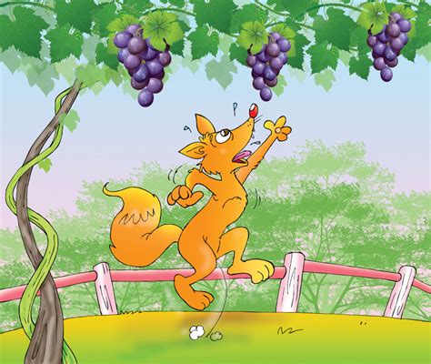 Illustrazione della volpe che non riesce a raggiungere l'uva e decide che è acerba