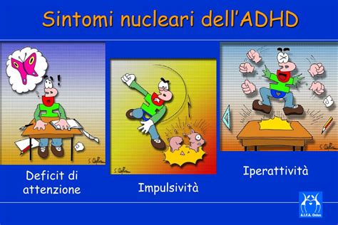 Illustrazione che mostra i sintomi principali dell'ADHD: disattenzione, iperattività e impulsività.