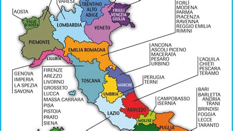 Mappa dell'Italia con evidenziate le regioni e le province autonome