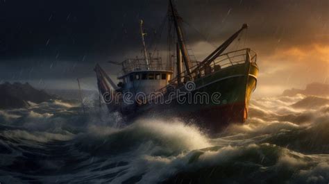 Una barca da pesca che affonda in una tempesta
