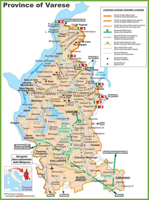 Mappa della provincia di Varese con evidenziate alcune città principali