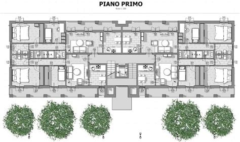 Planimetria generica di una struttura residenziale con aree comuni e camere