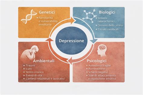 Schema semplificato che illustra l'interazione tra fattori biologici, psicologici e sociali nella genesi della depressione