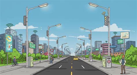 Illustrazione di una città con lampioni intelligenti e sensori