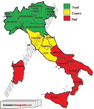 Mappa dell'Italia con evidenziate le regioni del Nord, Centro e Sud