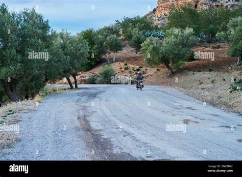 Motociclista su una strada di montagna panoramica
