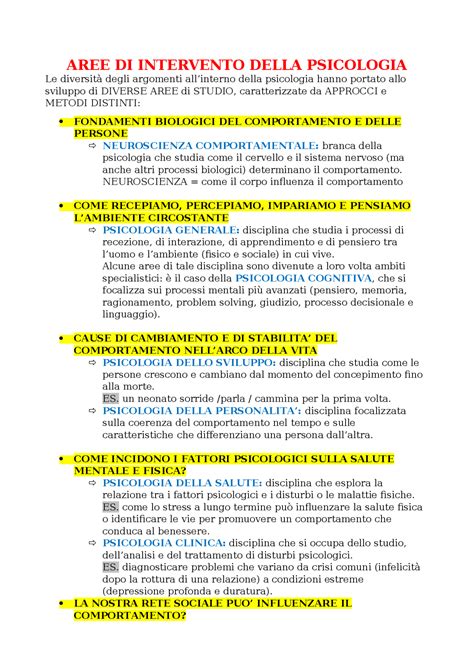 Diagramma che illustra le aree di intervento della psicologia