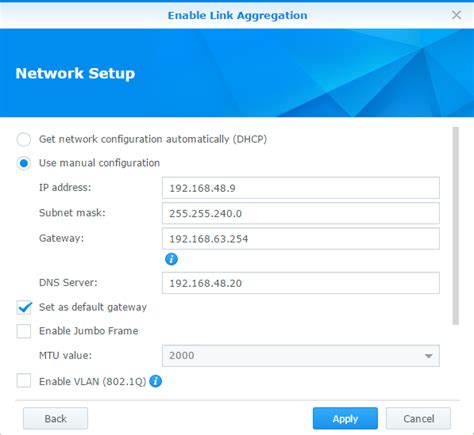 Interfaccia di configurazione Link Aggregation in Synology DSM