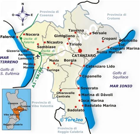 Mappa della Calabria con evidenziata la provincia di Catanzaro