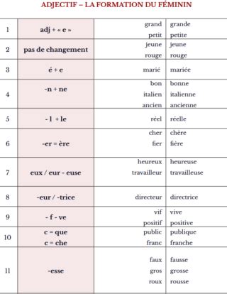 Tabella comparativa delle trasformazioni degli aggettivi francesi al femminile