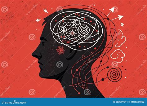 Illustration of a person experiencing intrusive thoughts, with chaotic thoughts swirling around their head