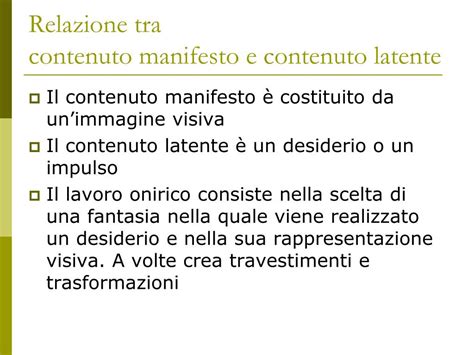 Diagramma che illustra la trasformazione del contenuto latente in contenuto manifesto attraverso il lavoro onirico
