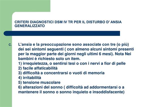 Diagramma che illustra i criteri diagnostici del Disturbo d'Ansia Generalizzato secondo il DSM-IV