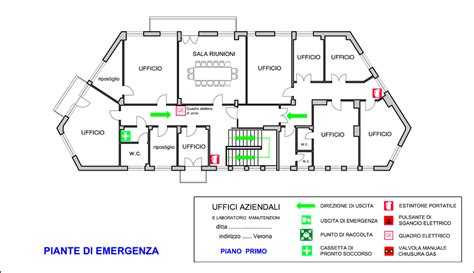 Planimetria semplificata di un ufficio con indicazione delle vie di fuga e dei punti di raccolta