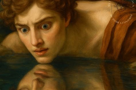 Illustrazione ispirata al mito di Narciso, con il personaggio che si specchia in uno stagno.
