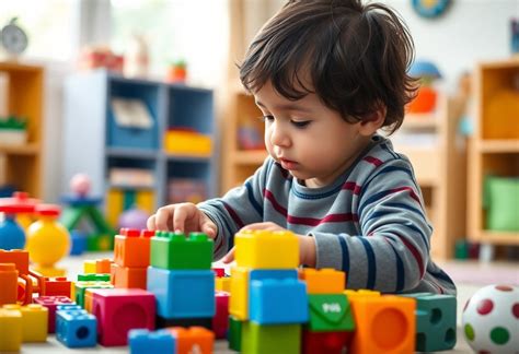 Bambino che gioca con blocchi colorati, simbolo di sviluppo cognitivo