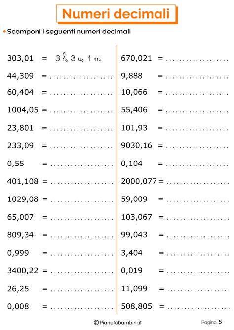 Esempio di scheda didattica per la scomposizione di numeri decimali