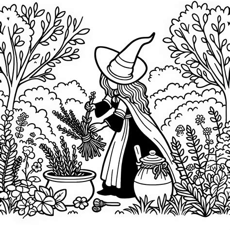 Illustrazione di una strega medievale che raccoglie erbe in un bosco