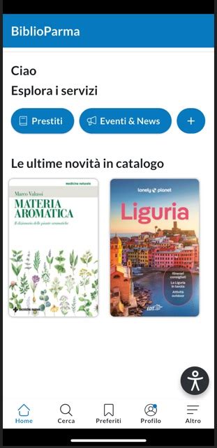 Smartphone che mostra l'app BiblioParma con icone di libri, eventi e prestiti